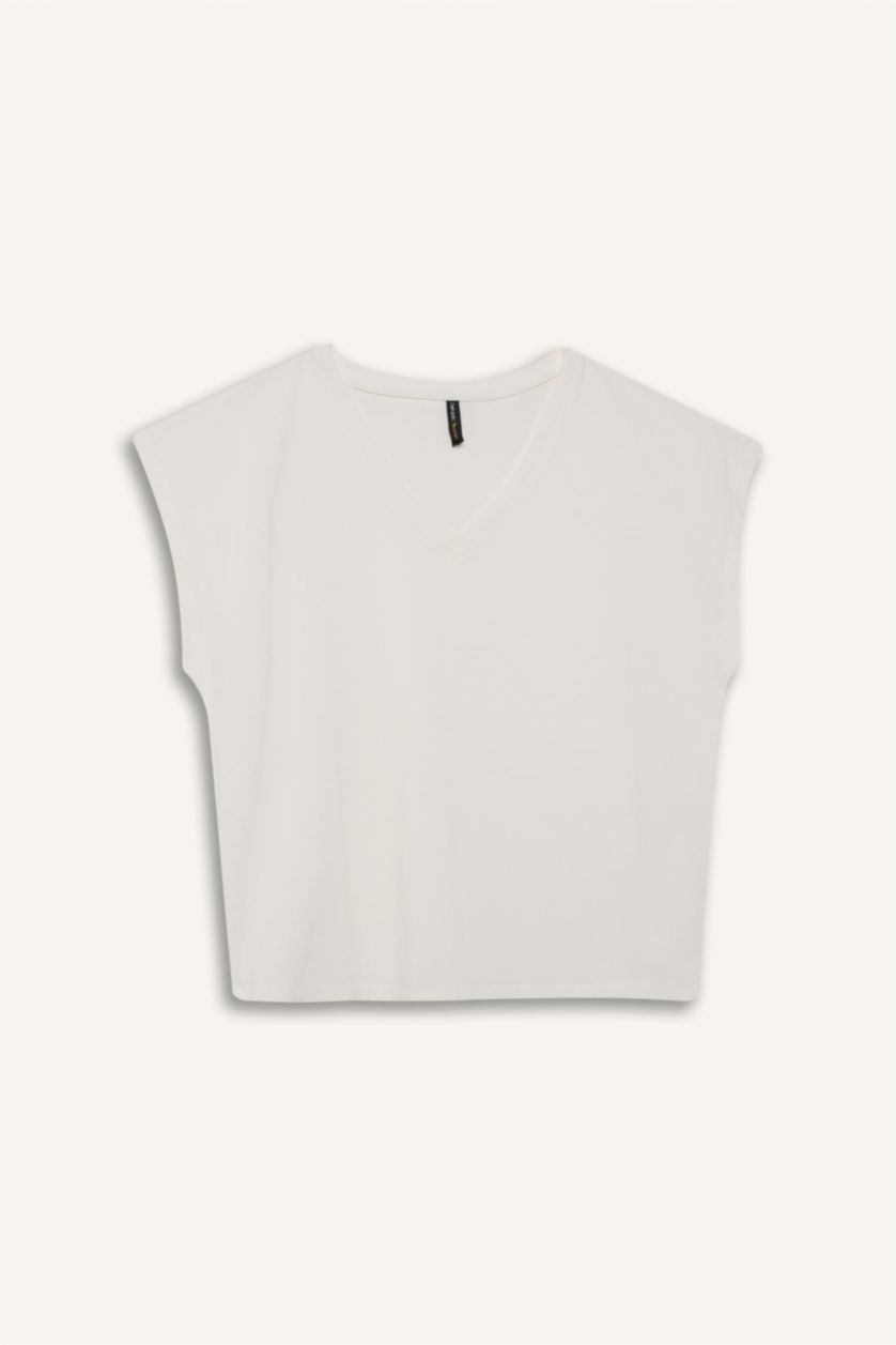 Kadın Ekru 	Regular Fit V Yaka Basic Düz Premium Kolsuz Tişört