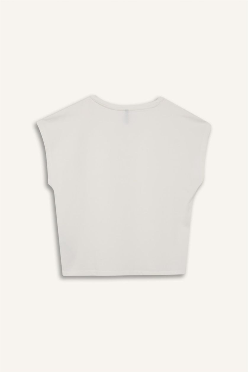 Kadın Ekru 	Regular Fit V Yaka Basic Düz Premium Kolsuz Tişört