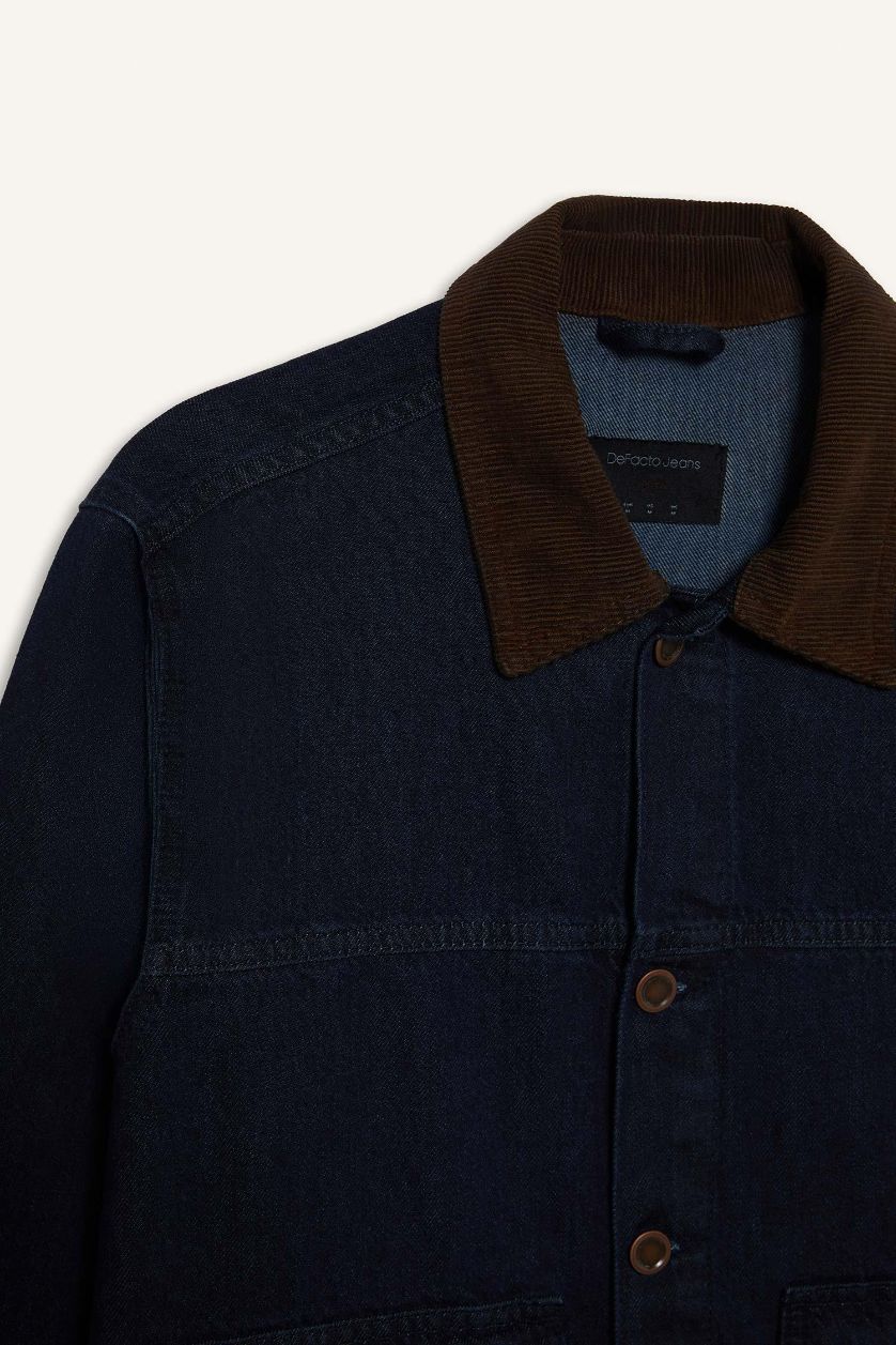 Erkek Koyu Mavi %100 Pamuk Slim Fit Dar Kesim Kontrast Yakalı Mevsimlik Baharlık Denim Ceket