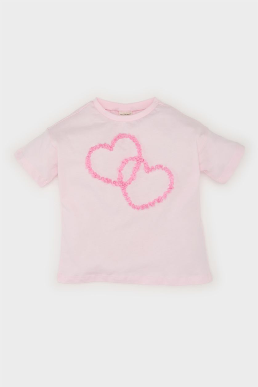 Kız Bebek Açık Pembe Bisiklet Yaka Kalp Desenli Kısa Kollu Tişört Kız Bebek