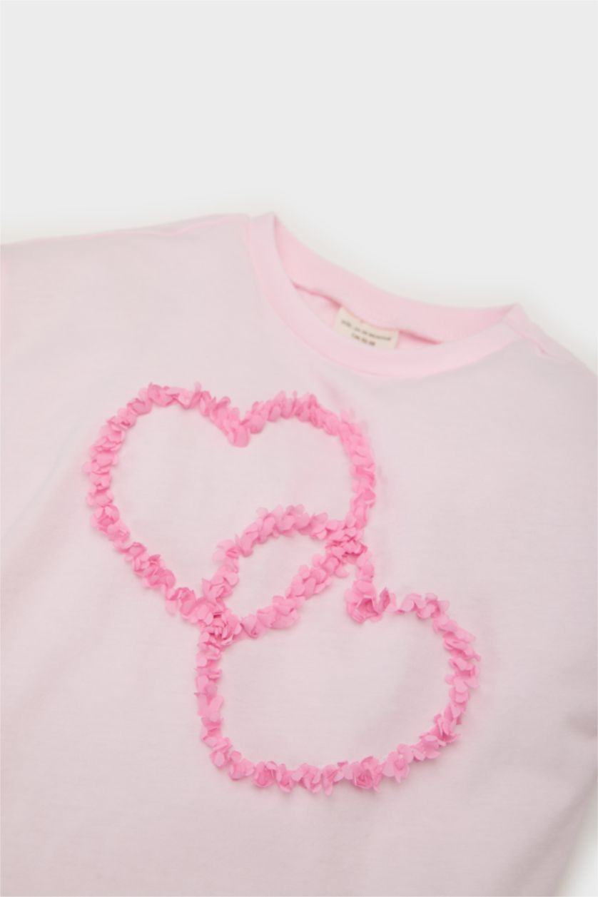Kız Bebek Açık Pembe Bisiklet Yaka Kalp Desenli Kısa Kollu Tişört Kız Bebek