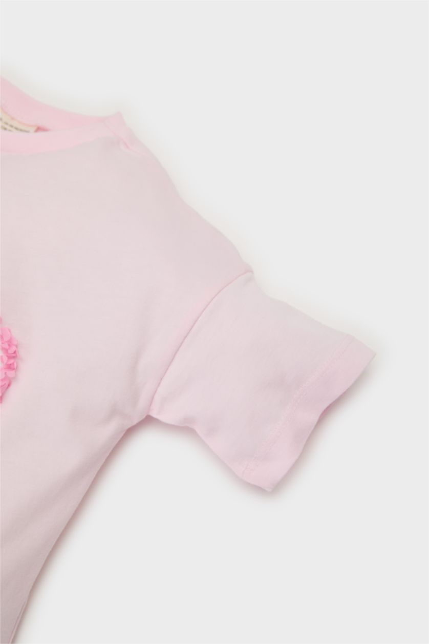 Kız Bebek Açık Pembe Bisiklet Yaka Kalp Desenli Kısa Kollu Tişört Kız Bebek