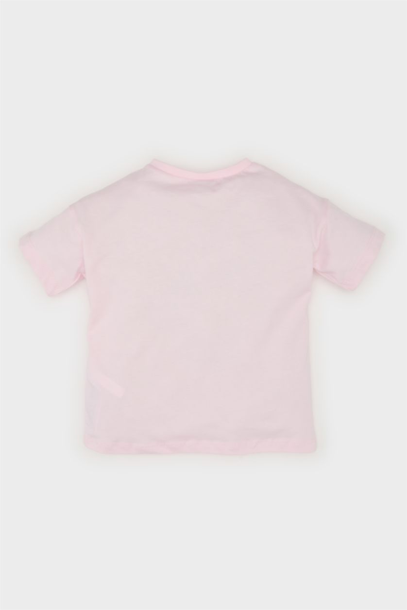 Kız Bebek Açık Pembe Bisiklet Yaka Kalp Desenli Kısa Kollu Tişört Kız Bebek