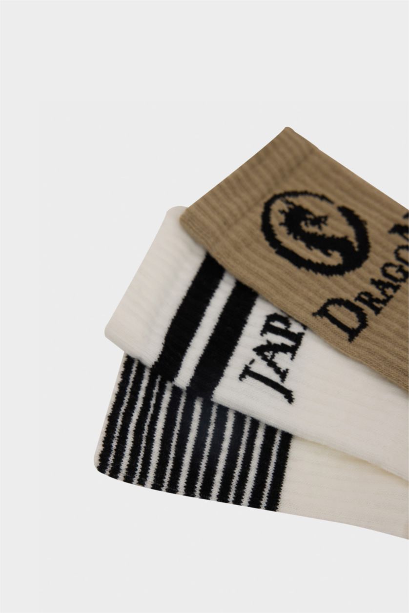 أولادي أبيض (000) شرابات طويلة اولادي قطن أبيض بني مطبوع - 3 قطع