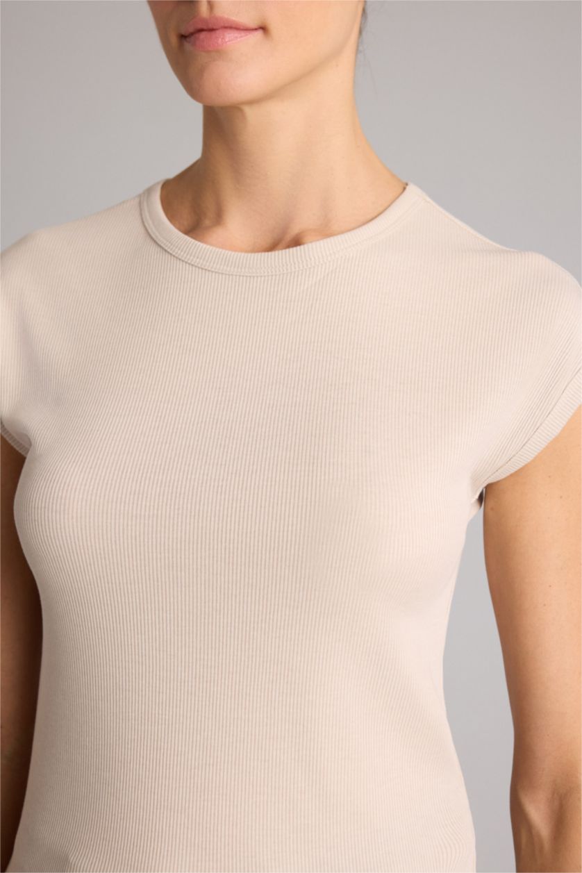 Kadın Bej Slım Fıt Basıc Fitilli Kaşkorse Tişört