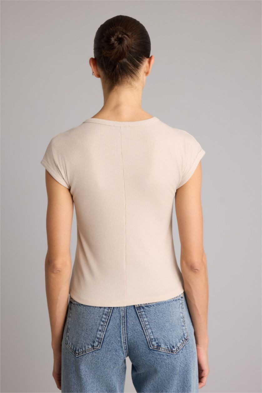 Kadın Bej Slım Fıt Basıc Fitilli Kaşkorse Tişört