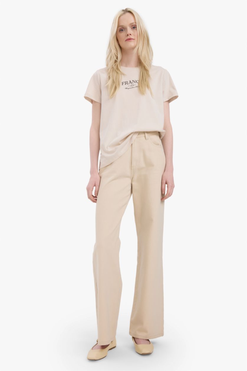 Kadın Taş Relax Fit Bisiklet Yaka Baskılı Penye Kısa Kollu Tişört