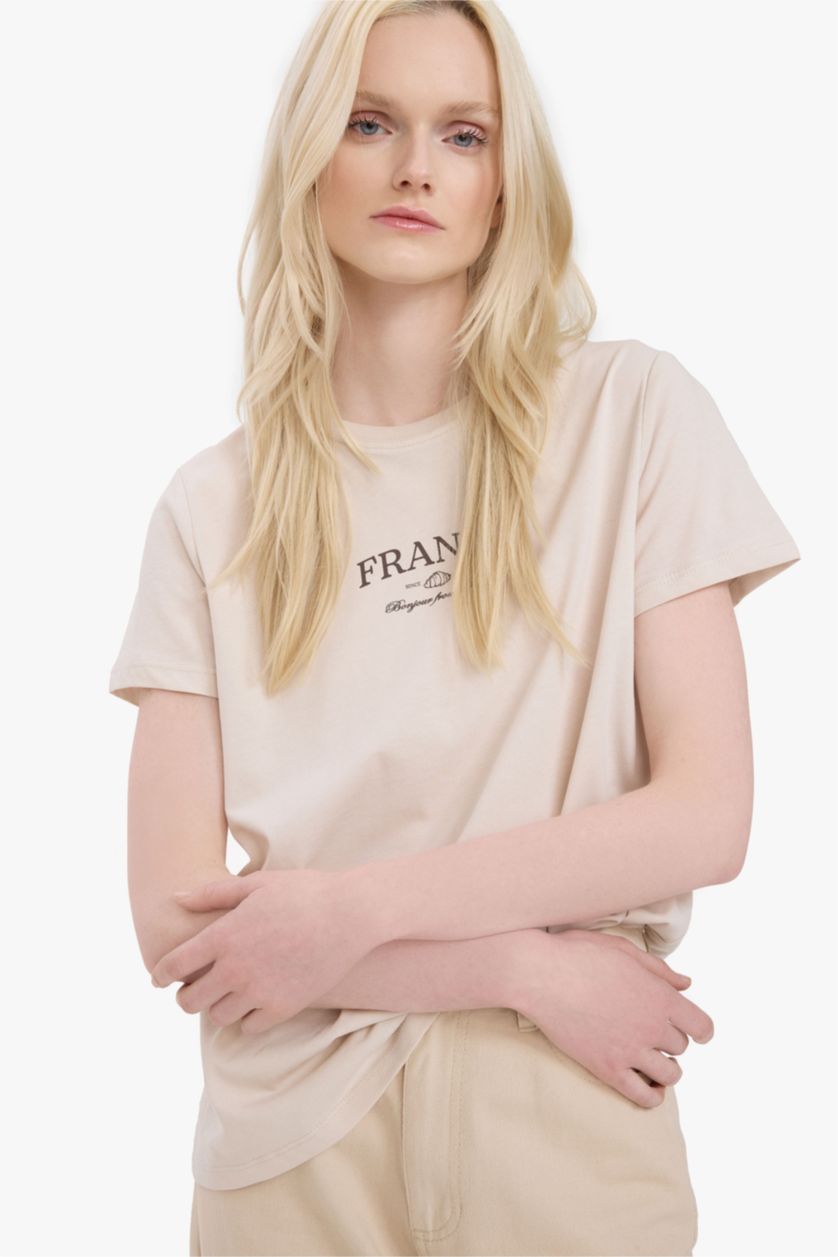 Kadın Taş Relax Fit Bisiklet Yaka Baskılı Penye Kısa Kollu Tişört