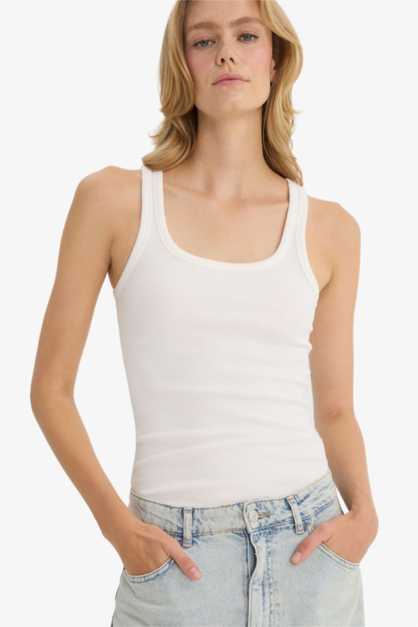 Kadın Ekru Slım Fıt Basıc Düz Yuvarlak Yaka Fitilli Kaşkorse Atlet