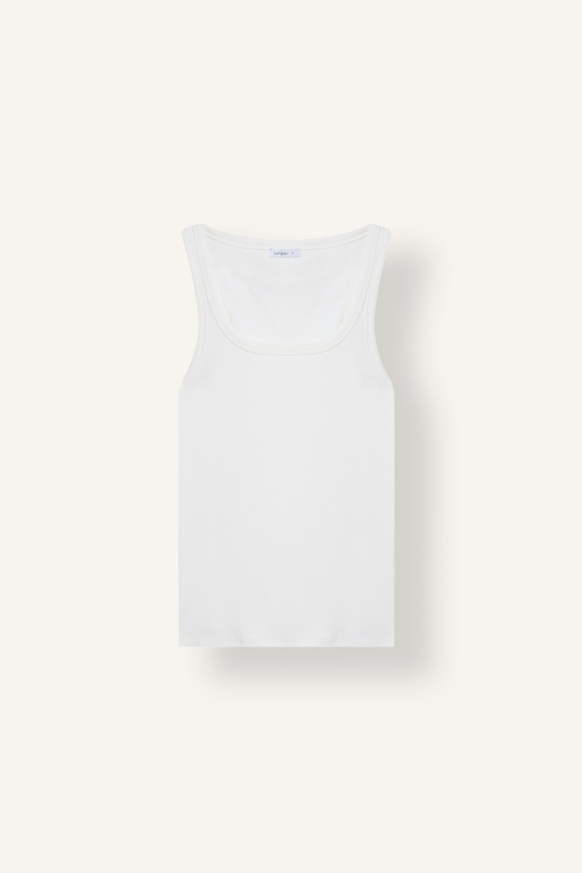 Women Ecru Slim Fit Basic Ribbed Crew Neck Tank Top