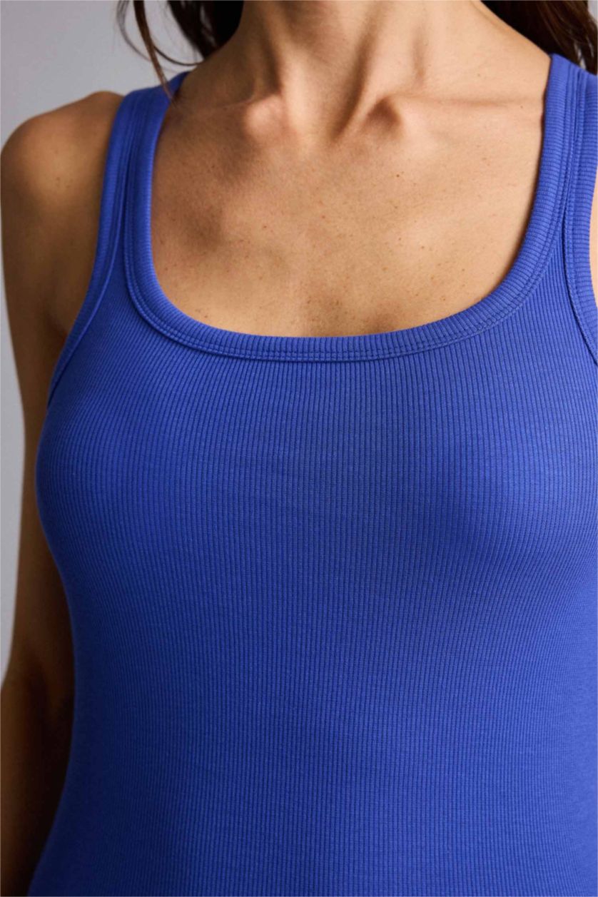 Kadın Saks Slım Fıt Basıc Düz Yuvarlak Yaka Fitilli Kaşkorse Atlet