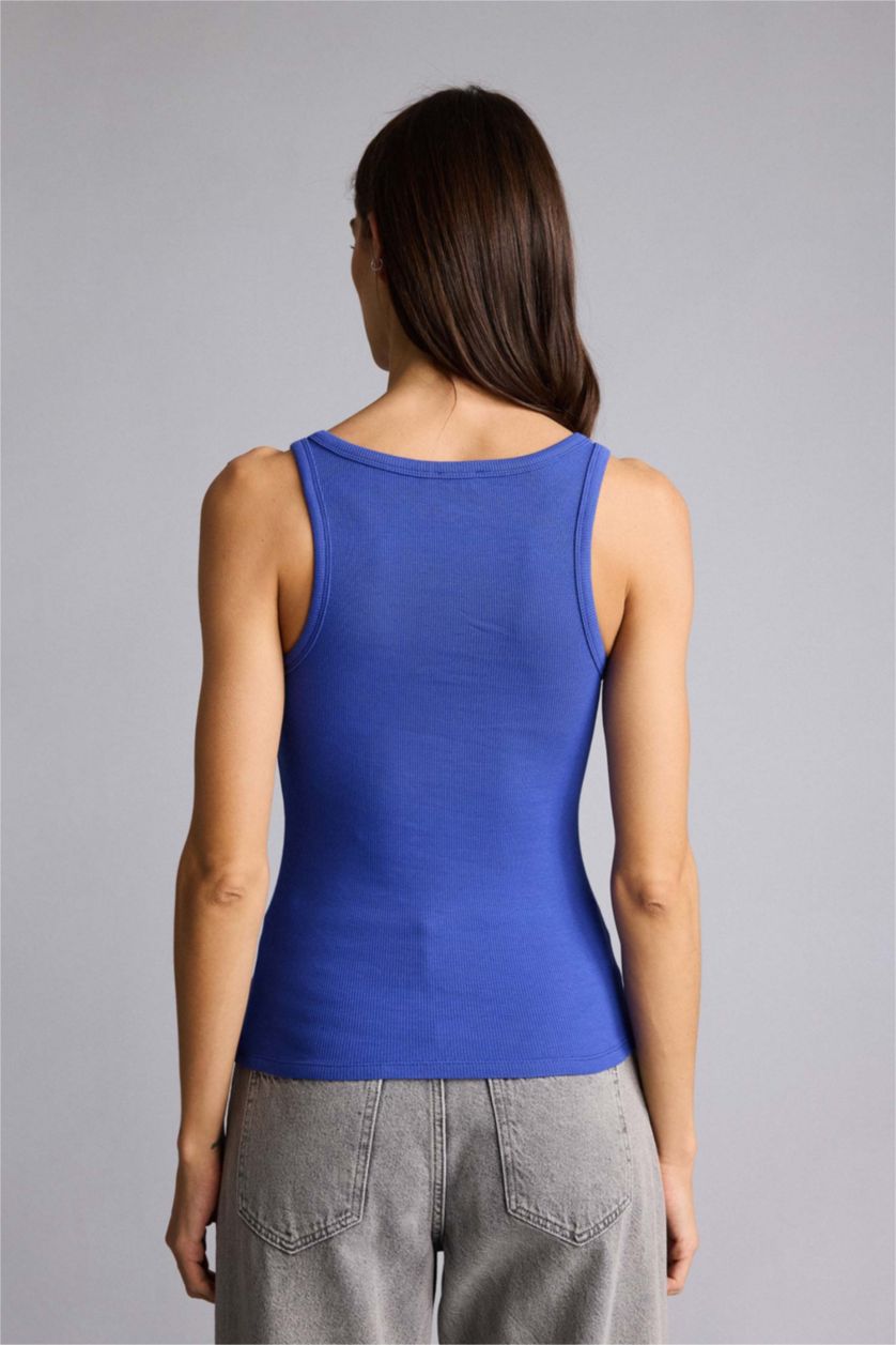 Kadın Saks Slım Fıt Basıc Düz Yuvarlak Yaka Fitilli Kaşkorse Atlet