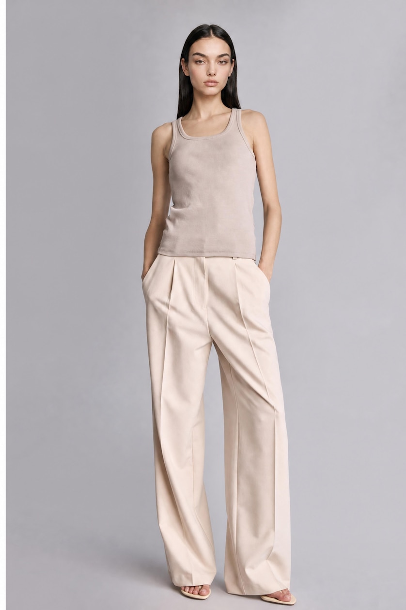 Women Beige Slim Fit Basic Camisole Round Collar Tank Top