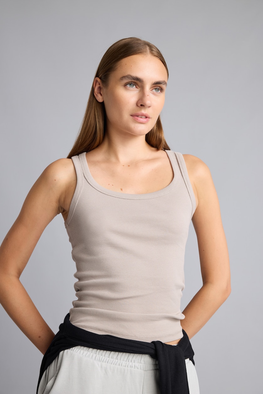 WOMAN Beige Slim Fit Basic Camisole Round Collar Tank Top