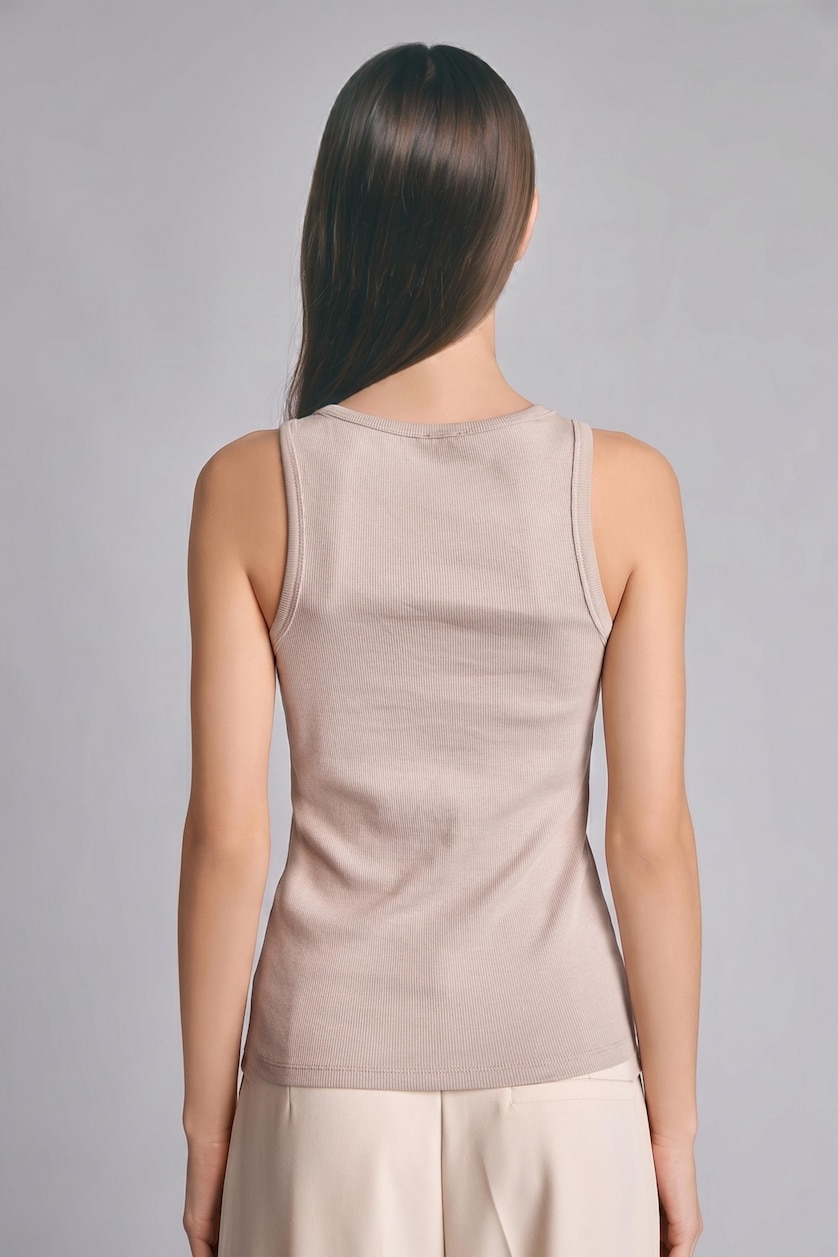 Women Beige Slim Fit Basic Camisole Round Collar Tank Top