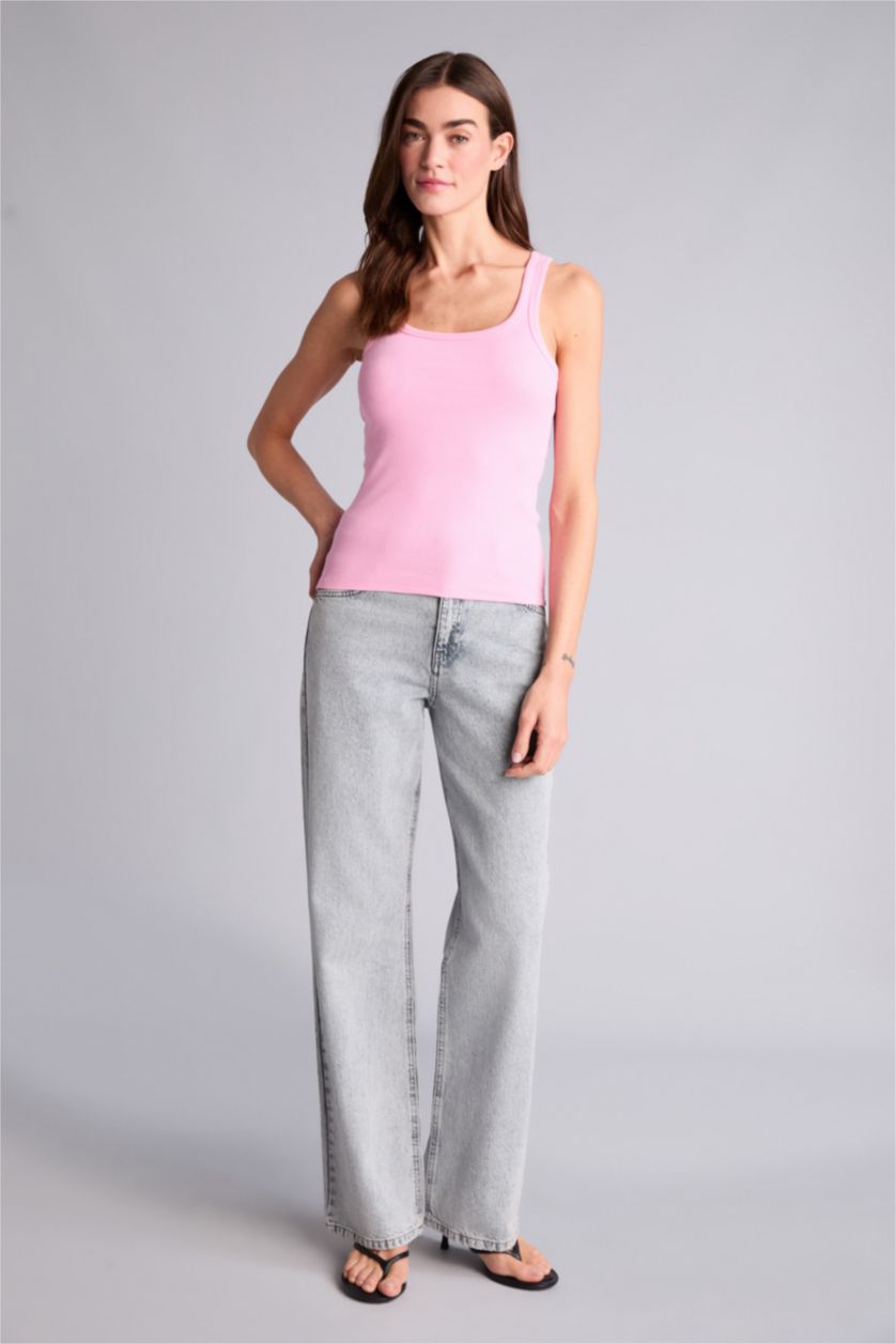 Kadın Açık Pembe Slım Fıt Basıc Düz Yuvarlak Yaka Fitilli Kaşkorse Atlet