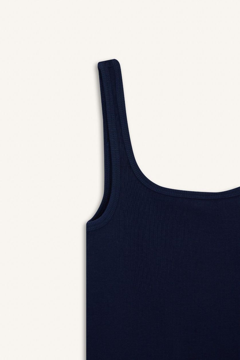 Kadın Lacivert Slım Fıt Basıc Düz Yuvarlak Yaka Fitilli Kaşkorse Atlet