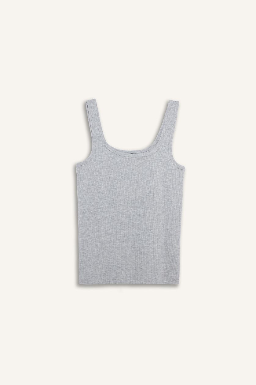 Woman Grey Melange Slim Fit Basic Camisole Round Collar Tank Top