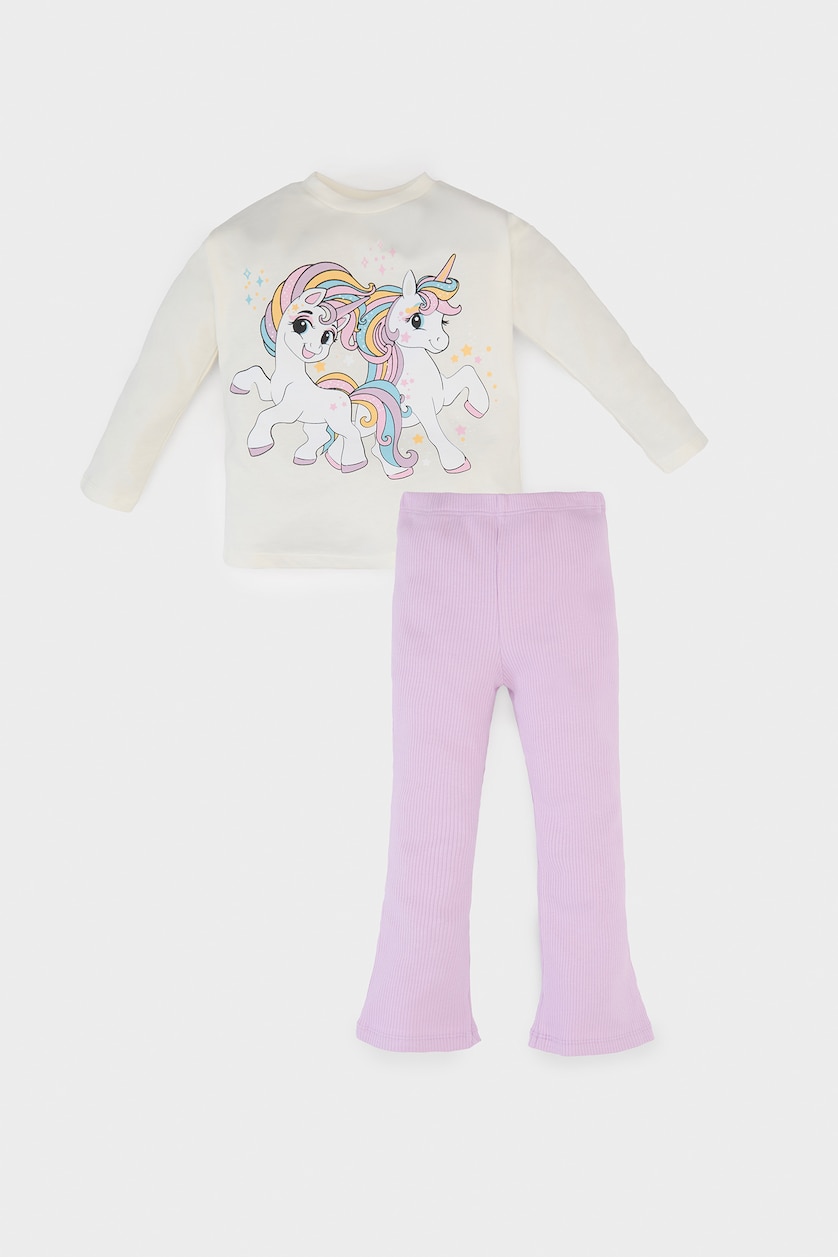 Kız Bebek Ekru 2'li Takım Unicorn Baskılı Uzun Kollu Tişört İspanyol Paça Tayt Kız Bebek