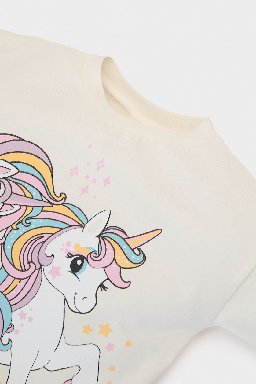 Kız Bebek Ekru 2'li Takım Unicorn Baskılı Uzun Kollu Tişört İspanyol Paça Tayt Kız Bebek