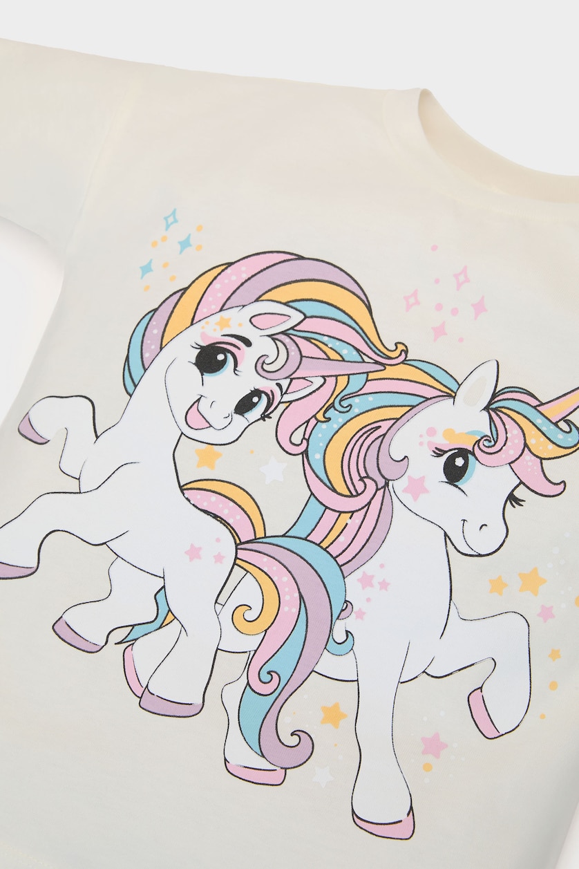 Kız Bebek Ekru 2'li Takım Unicorn Baskılı Uzun Kollu Tişört İspanyol Paça Tayt Kız Bebek
