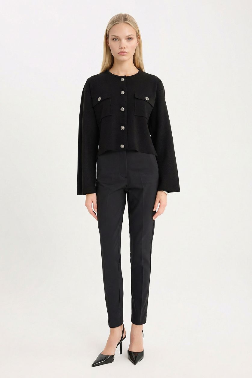 نساء أسود جاكيت تريكو قصة عادية بياخة مستديرة