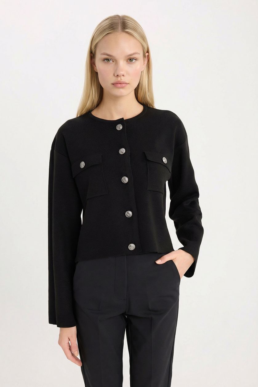 نساء أسود جاكيت تريكو قصة عادية بياخة مستديرة