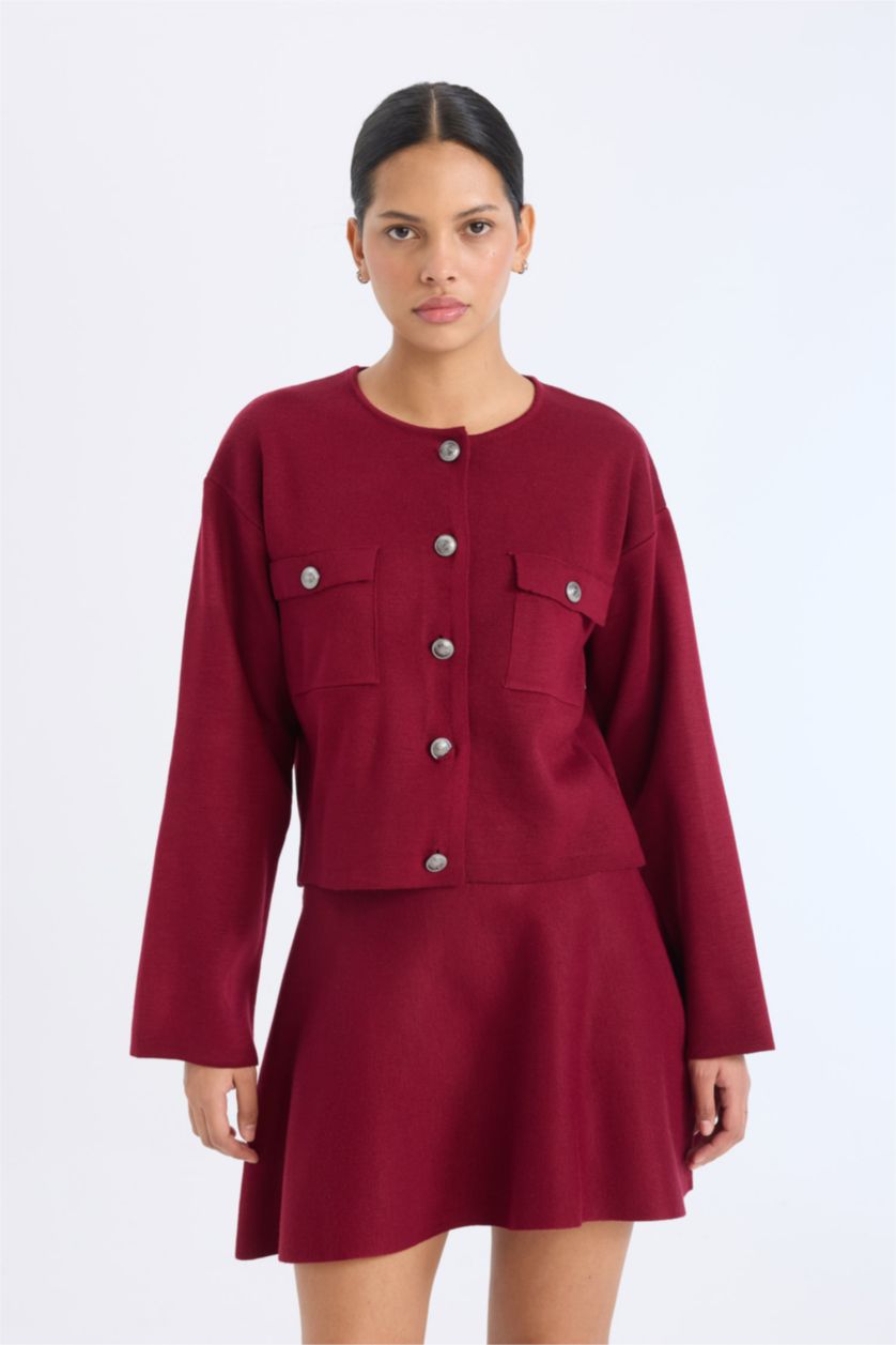 Kadın Bordo Regular Fit Bisiklet Yaka Düğmeli Triko Hırka