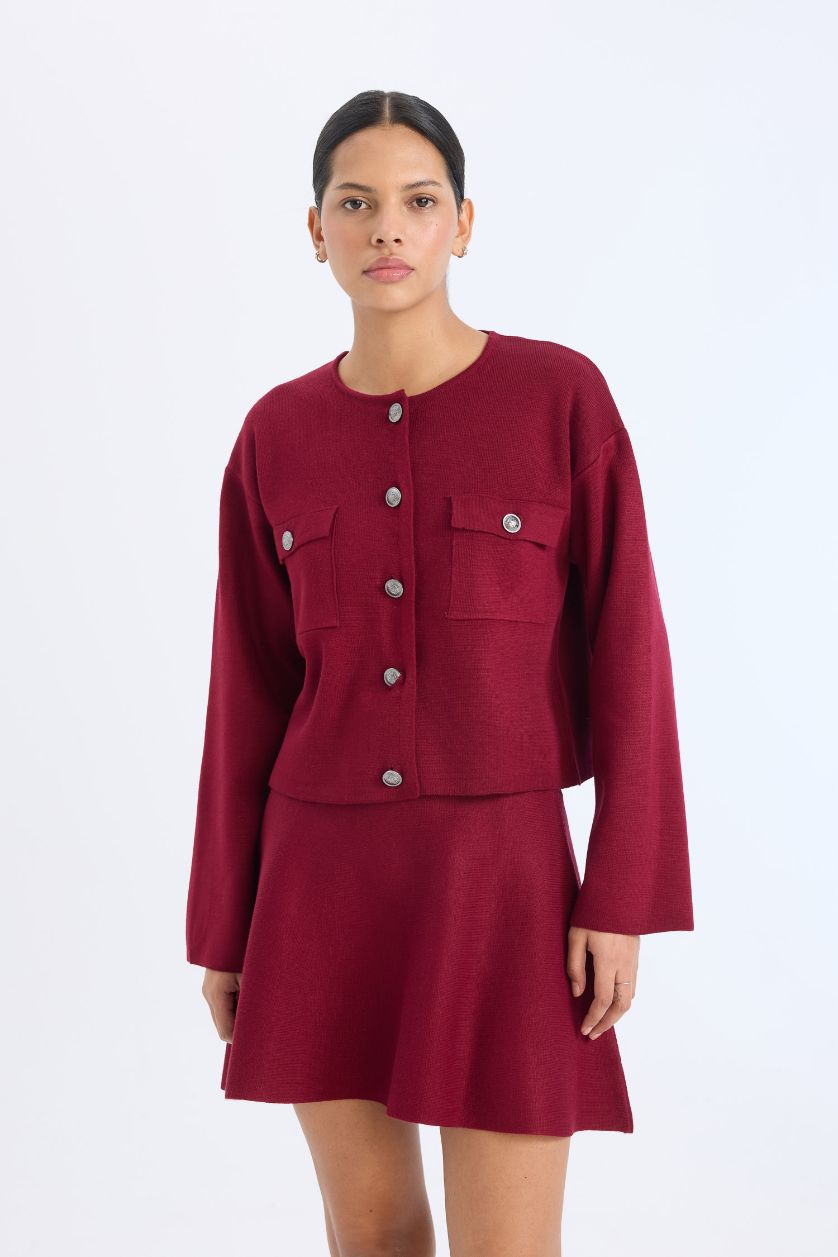 Kadın Bordo Regular Fit Bisiklet Yaka Düğmeli Triko Hırka