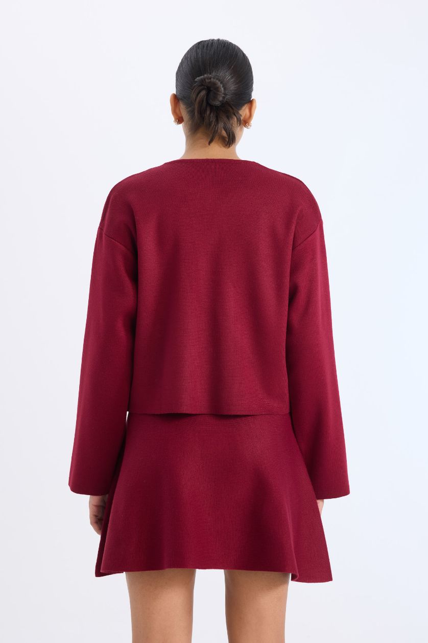 Kadın Bordo Regular Fit Bisiklet Yaka Düğmeli Triko Hırka