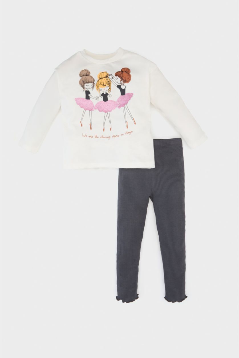 Kız Bebek Ekru 2'li Takım Balerin Baskılı Uzun Kollu Tişört Beli Lastikli Tayt Kız Bebek