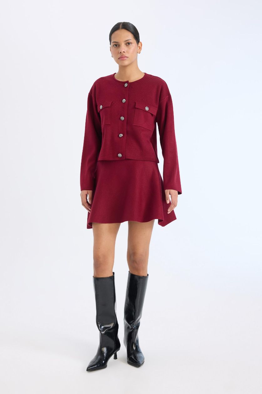 Kadın Bordo A Form Volanlı Triko Mini Etek