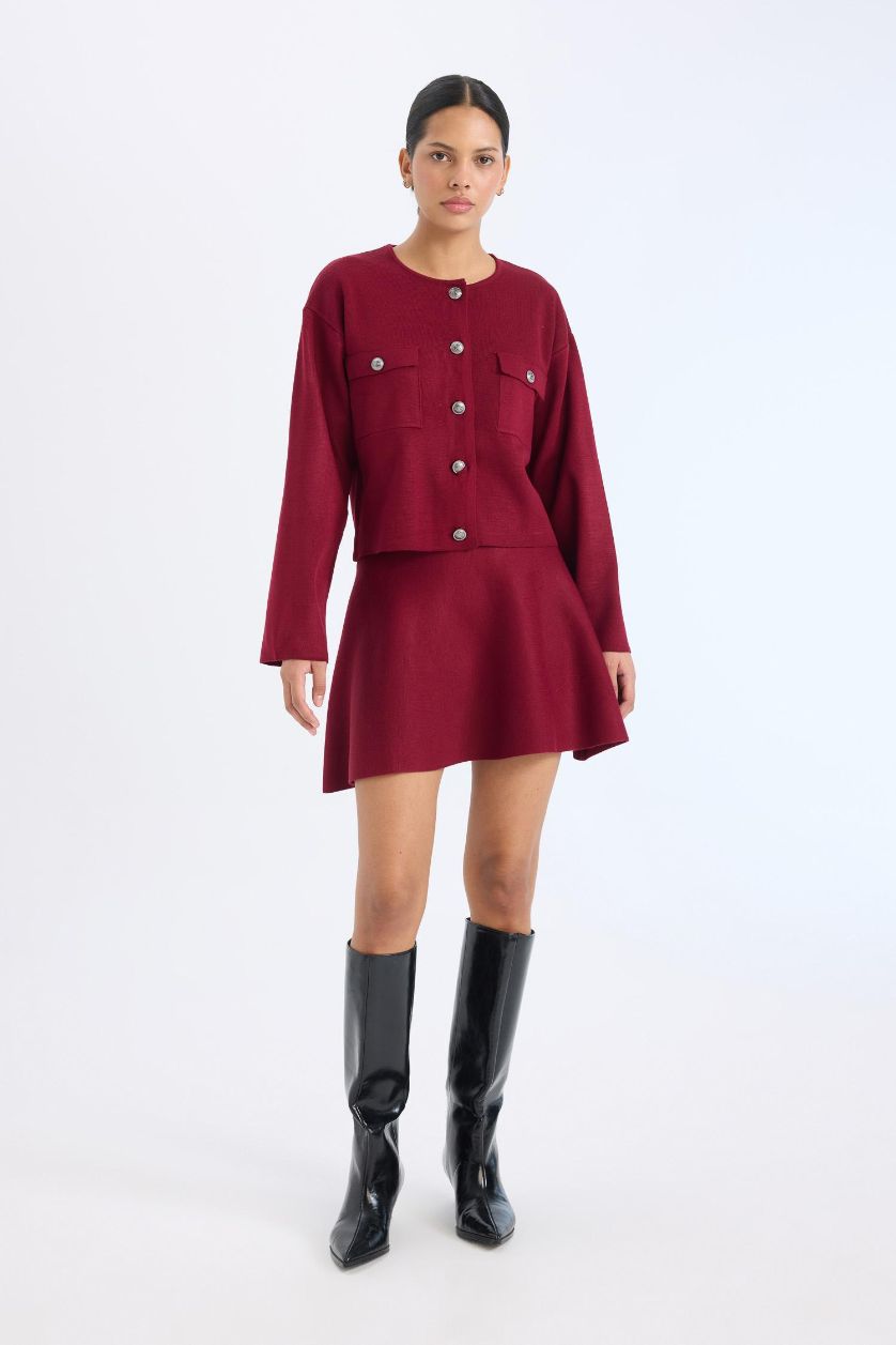 Kadın Bordo A Form Volanlı Triko Mini Etek