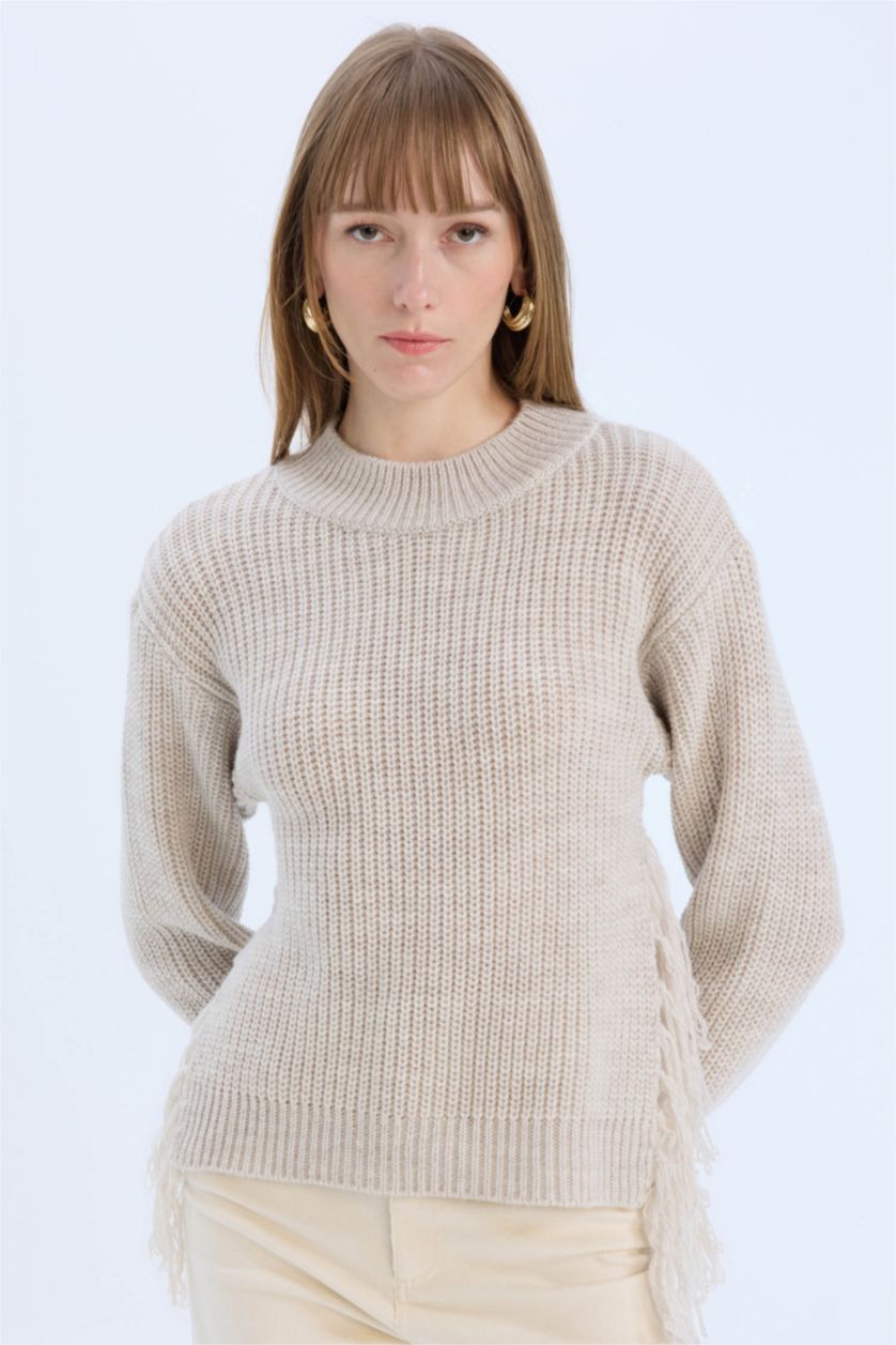 FEMME Beige Clair Pull en tricot à col demi-haut en tissu selanik Coupe relax
