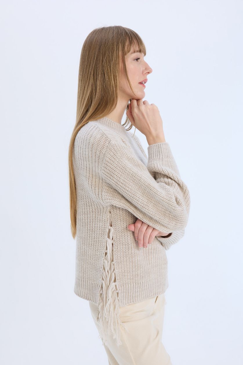 FEMME Beige Clair Pull en tricot à col demi-haut en tissu selanik Coupe relax