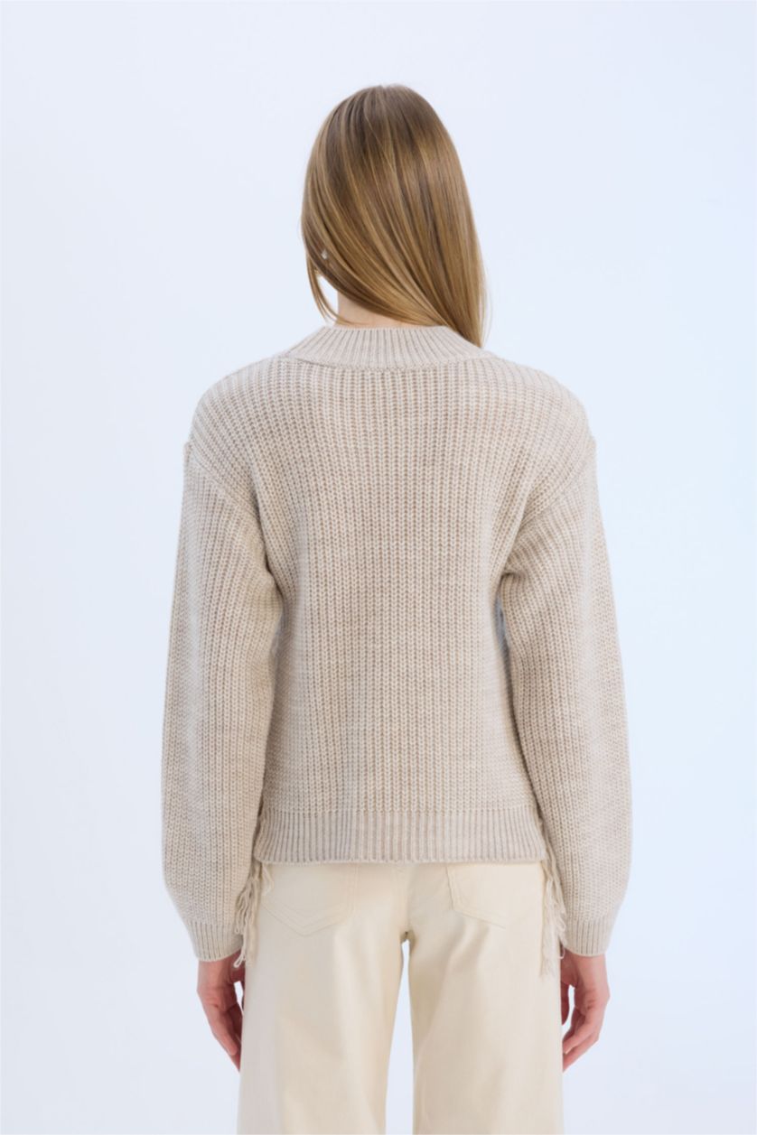 FEMME Beige Clair Pull en tricot à col demi-haut en tissu selanik Coupe relax