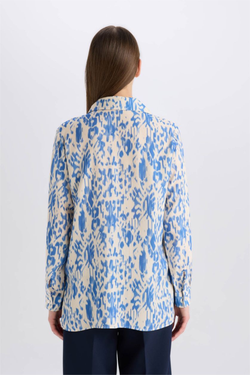 نساء أزرق غامق تونيكة كم طويل مطبوعة اوفر سايز برقبة قميص