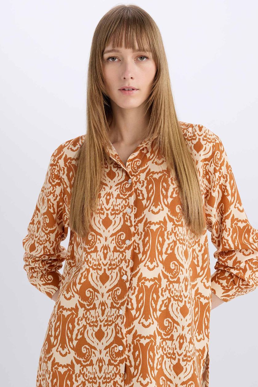 Woman Orange Oversize Fit Shirt Collar Printed Long Sleeve Tunic