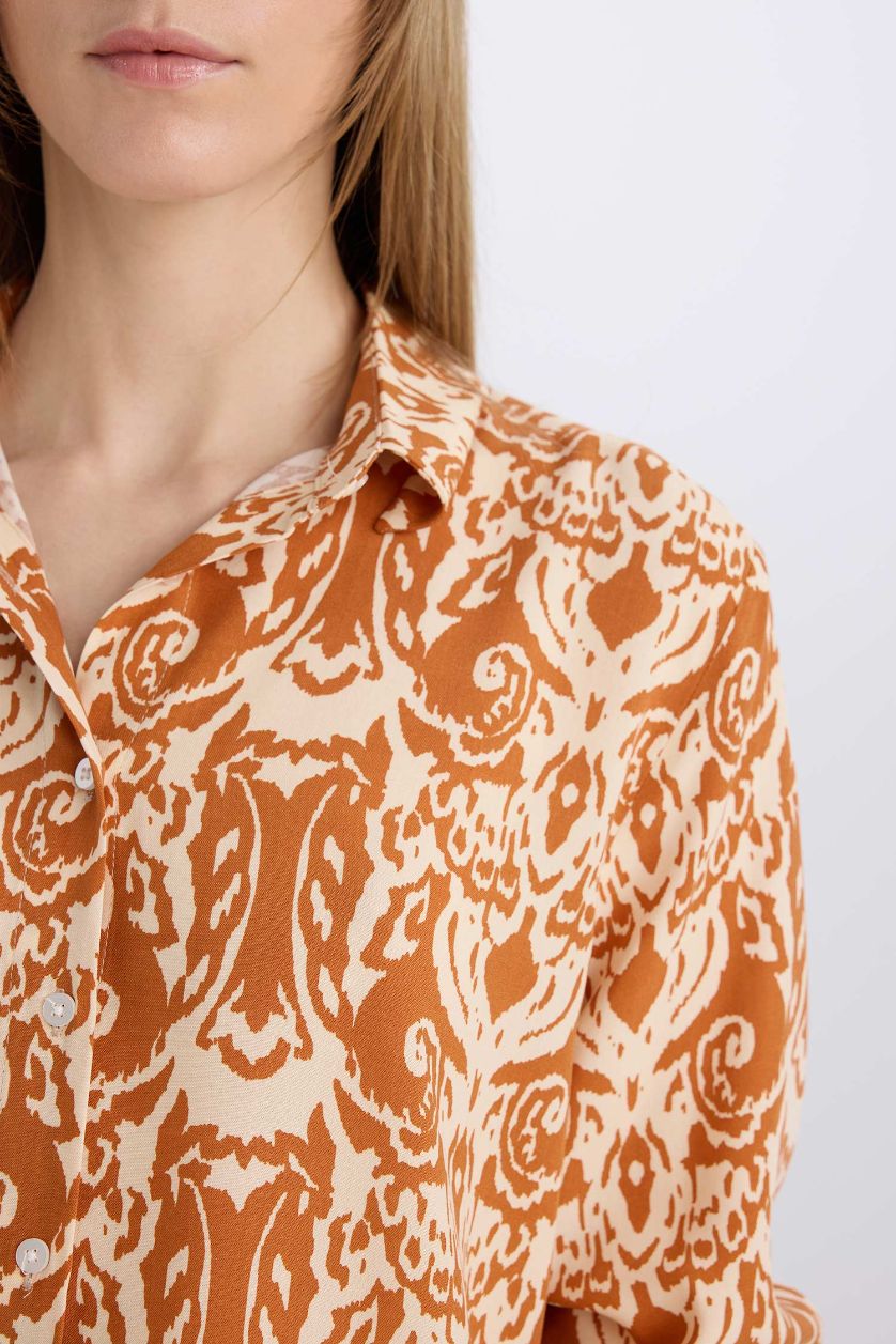 Woman Orange Oversize Fit Shirt Collar Printed Long Sleeve Tunic