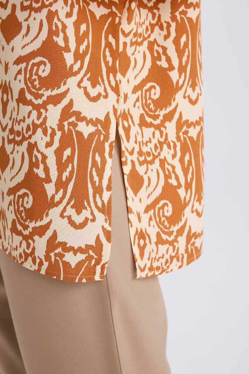 Woman Orange Oversize Fit Shirt Collar Printed Long Sleeve Tunic