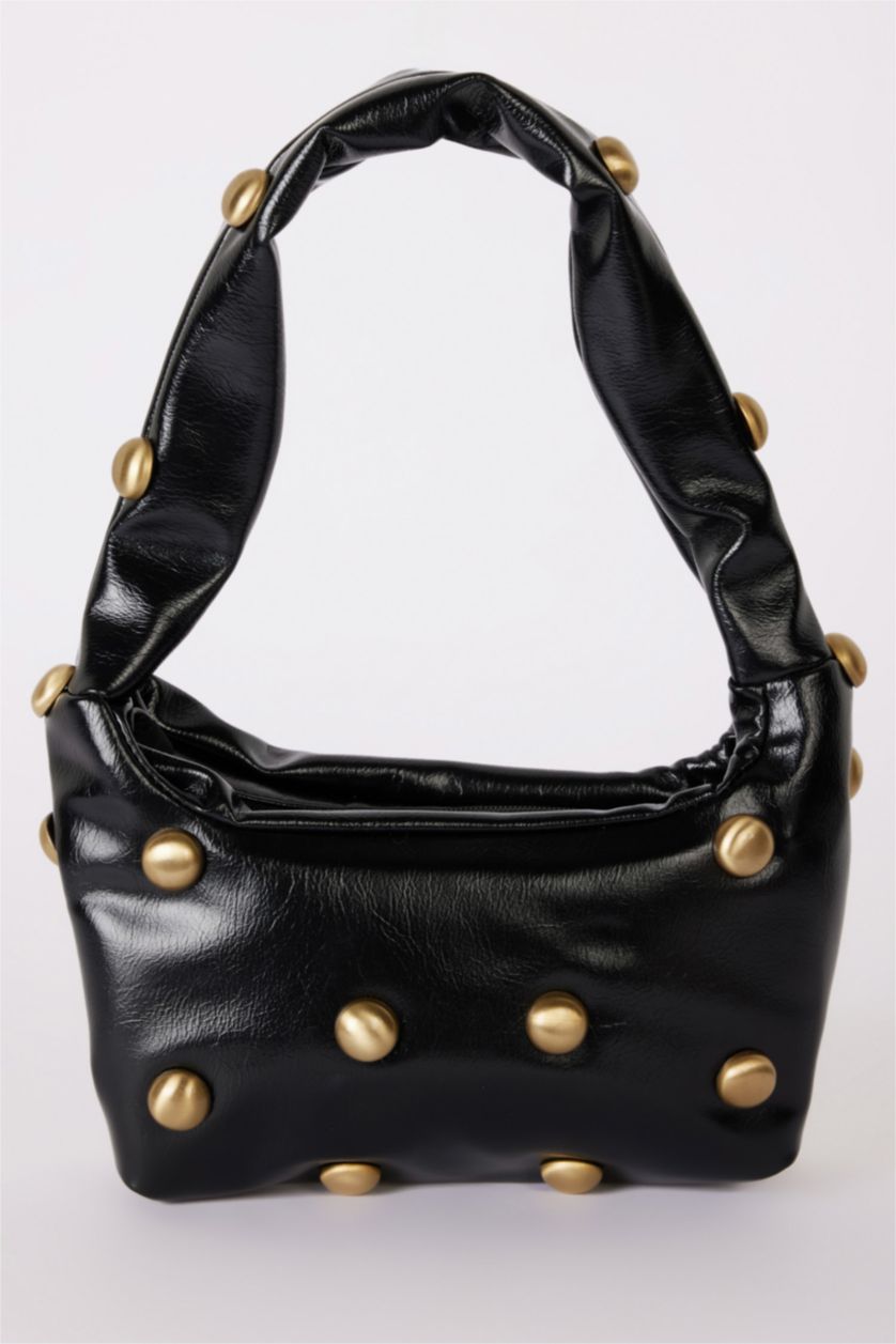 WOMAN Black Woman Stud Detailed Faux Leather Shoulder Bag