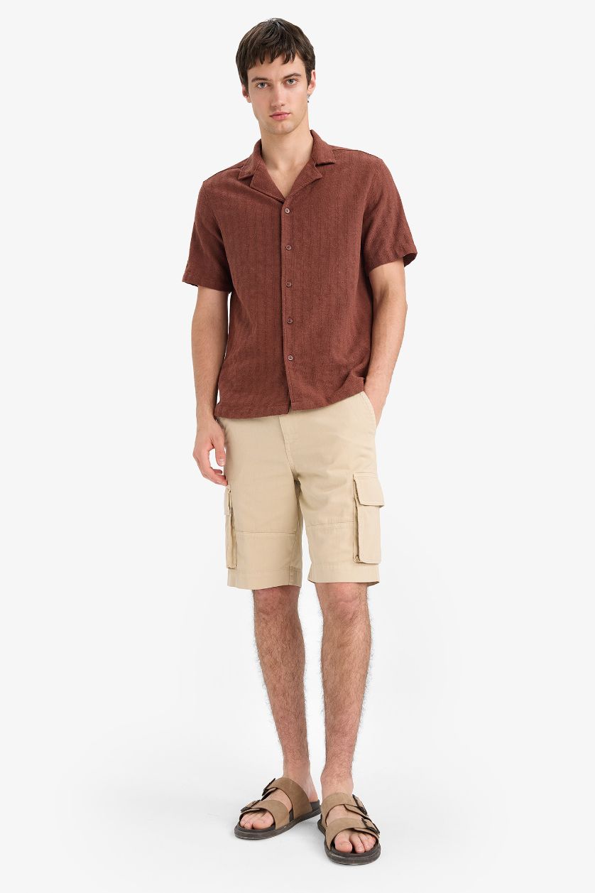 Erkek Kahve Regular Fıt Polo Yaka Jakarlı Kısa Kollu Gömlek