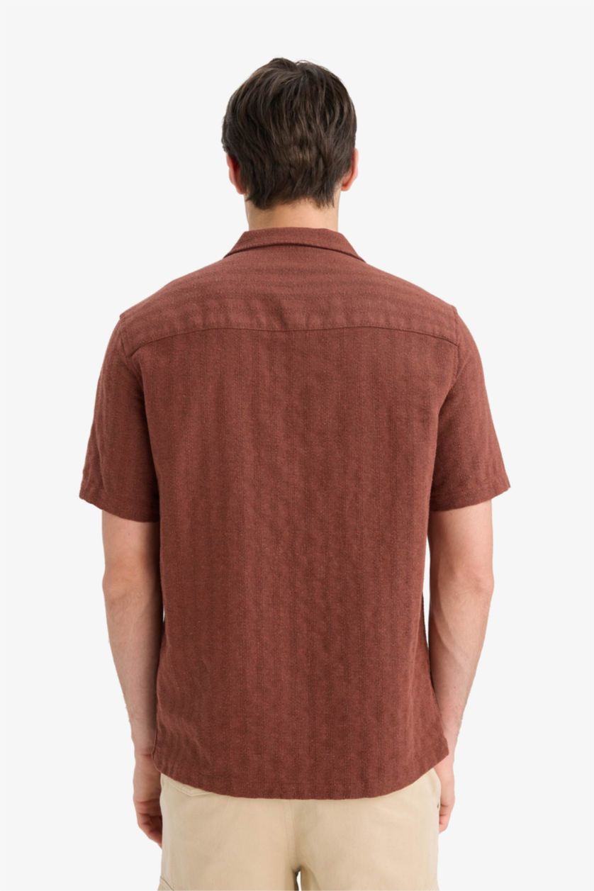 Erkek Kahve Regular Fıt Polo Yaka Jakarlı Kısa Kollu Gömlek