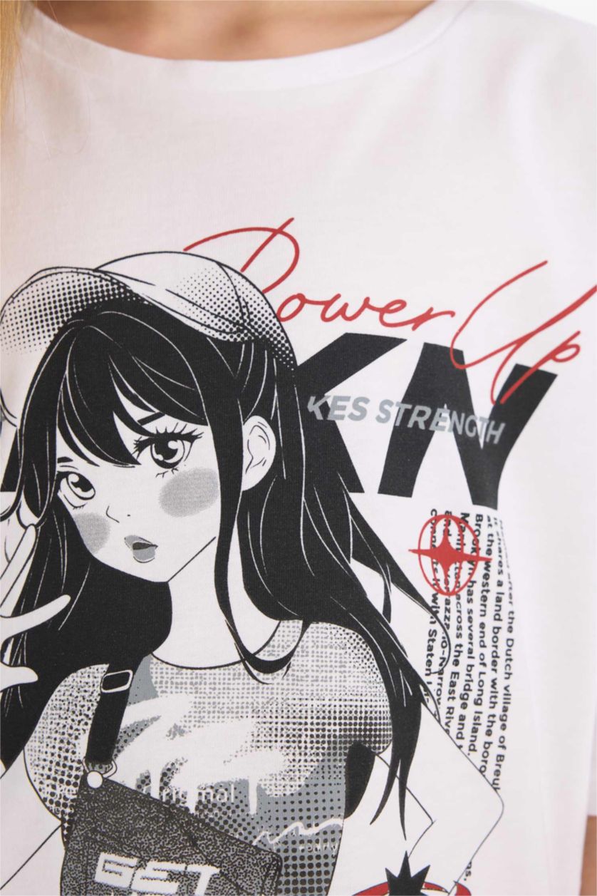 Kız Çocuk - Genç Kız Antrasit 2'li Takım Baskılı Kısa Kollu Tişört Biker Tayt Kız Çocuk