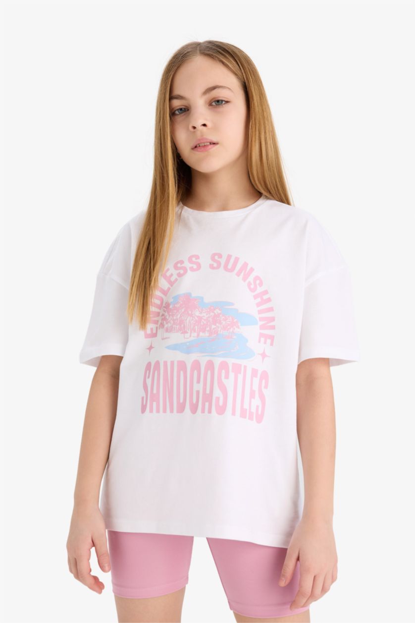 Kız Çocuk - Genç Kız Pembe 2'li Takım Baskılı Kısa Kollu Tişört Biker Tayt Kız Çocuk