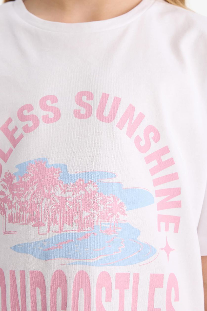 Kız Çocuk - Genç Kız Pembe 2'li Takım Baskılı Kısa Kollu Tişört Biker Tayt Kız Çocuk