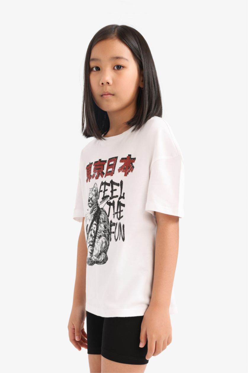 Kız Çocuk - Genç Kız Beyaz 2'li Takım Baskılı Kısa Kollu Tişört Biker Tayt Kız Çocuk