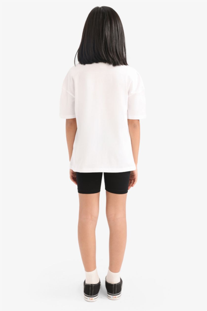 Kız Çocuk - Genç Kız Beyaz 2'li Takım Baskılı Kısa Kollu Tişört Biker Tayt Kız Çocuk