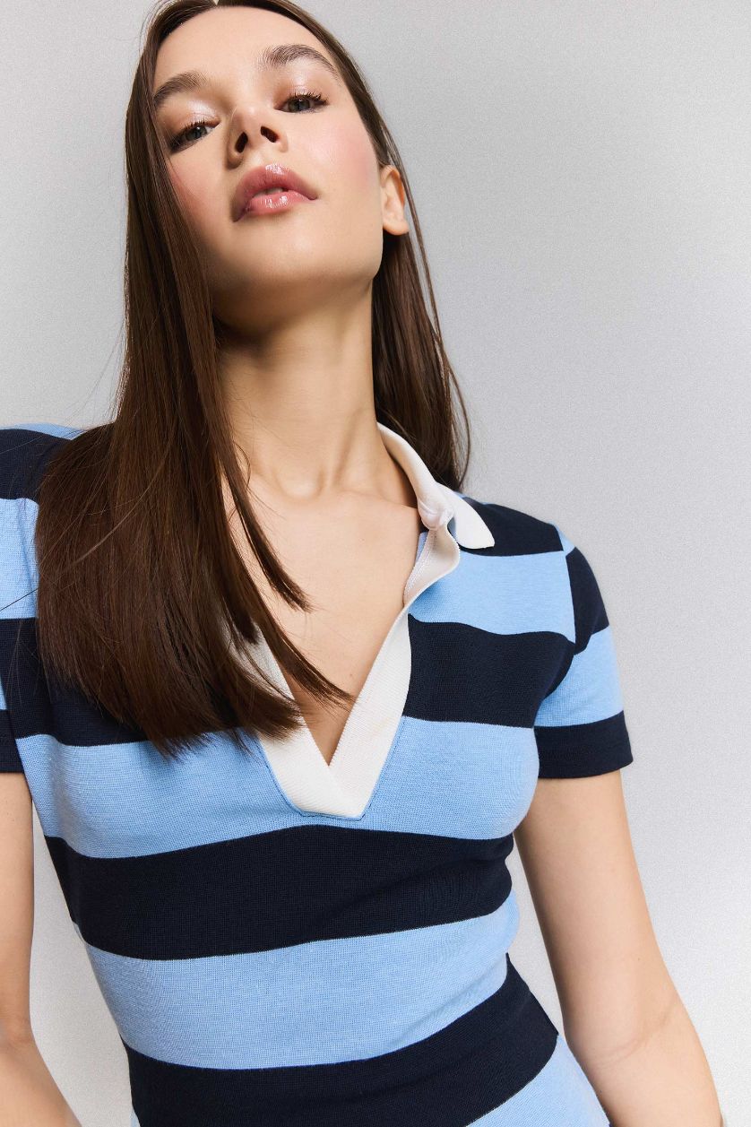 Kadın Lacivert Bodycon Vücudu Saran Polo Yaka Çizgili Ribana Kısa Kollu Mini Elbise