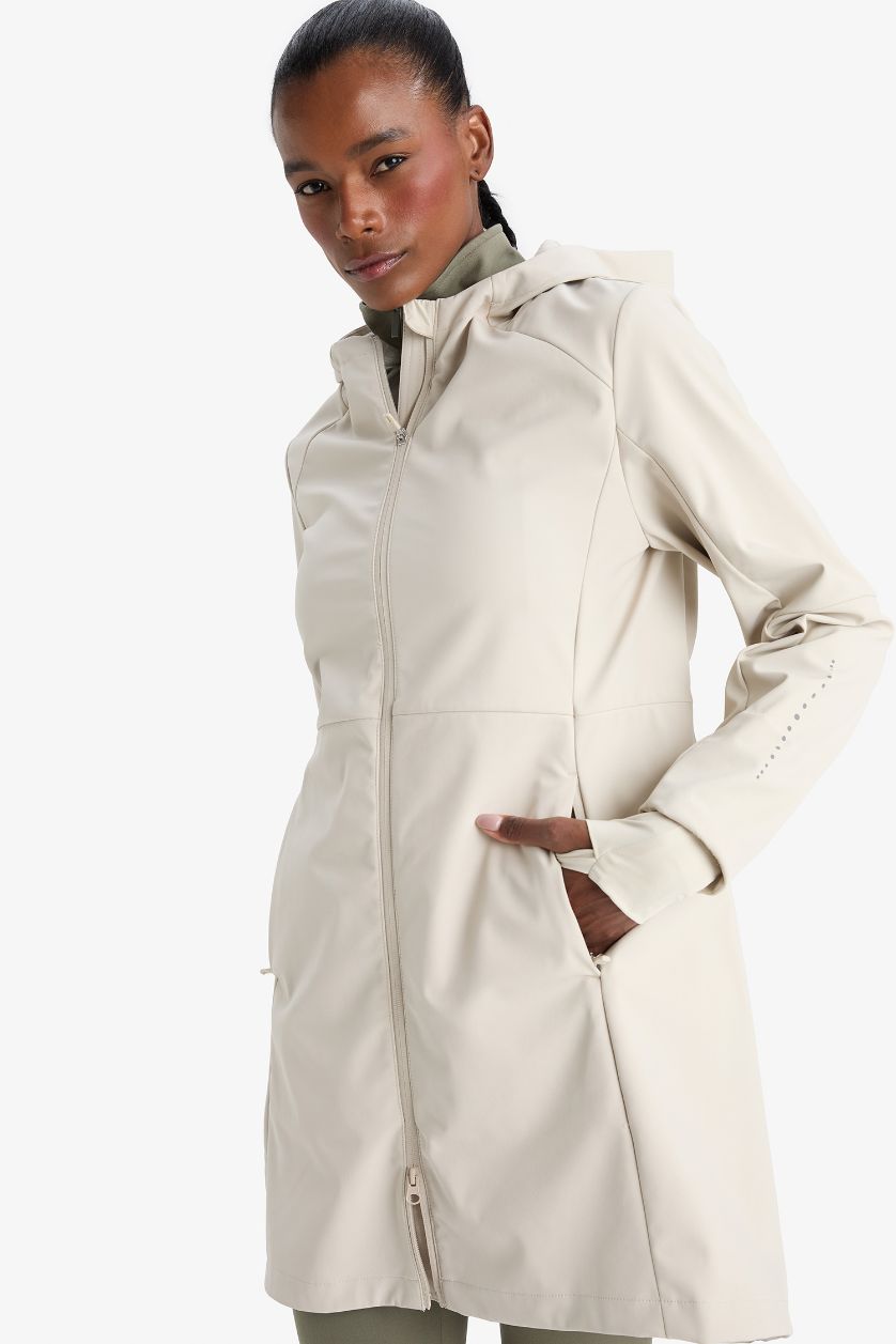 Kadın Bej Su İtici Softshell Slim Fit Dar Kesim Kapüşonlu Fermuarlı Cepli Parka